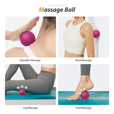 5 in1 Foam Roller Set, Trigger Point Foam Roller, Massage Roller Stick, Massage Ball, Resistance Band for Deep Muscle Massage Pilates Yoga,Fitness Exercise for Whole Body (Black-Red)