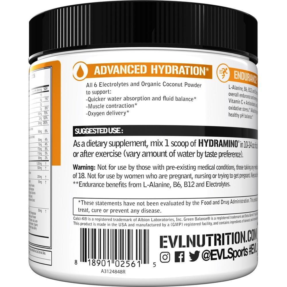 Evlution Nutrition HYDRAMINO Complete Hydration Multiplier, All 6 Electrolytes, Vitamin C & B, Fluid Boosting Aminos, Coconut Water, Endurance, Recovery, Antioxidants, 30 Serve, Orange Mango