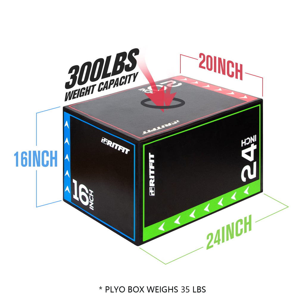 RitFit 3 in 1 Extra Firm Soft Plyo Box Foam Plyometric Box-30”x24”x20”-20"x18"x16" Heavy Duty High Density Foam Jumping Box 3 Sizes with PVC Cover,Platform for Home Gym Fitness, 440lb Weight Capacity