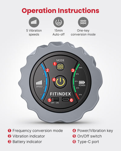 FITINDEX Vibrating Foam Roller for Back Pain, 5-Speed Muscle Massage, FSA HSA Eligible, Exercise, Muscles Deep Tissue, Physical Therapy, Pilates, Yoga, Neck, Leg, Rechargeable, Travel Portable Gray