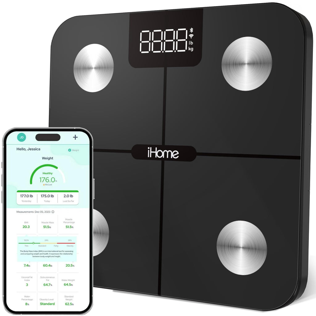 iHome Digital Bluetooth Smart Scale for Body Weight, Weight Scale, Including BMI, Body Fat, Muscle Mass, Batteries Included (Black Smart Bluetooth)