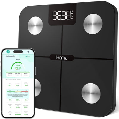 iHome Digital Bluetooth Smart Scale for Body Weight, Weight Scale, Including BMI, Body Fat, Muscle Mass, Batteries Included (Black Smart Bluetooth)