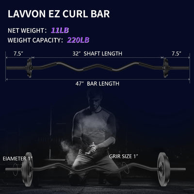 47" EZ Curl Bar Weight Lifting Bar, 1-inch Curling Bars for Weight lifting, Barbell bar for Hip Thrusts/Squats/Lunges for Gym and Home, With 2 Star Double Risk Star-nuts (220lb Weight Capacity)