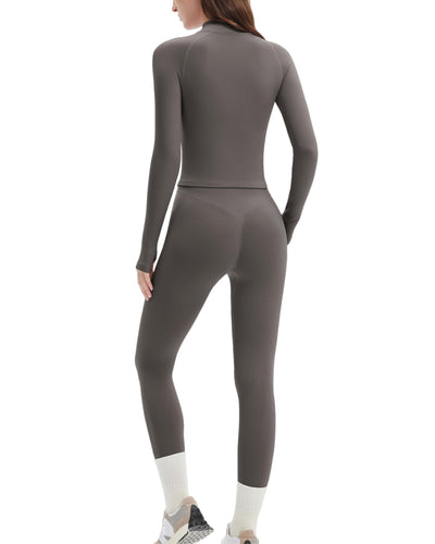 SUUKSESS Workout Sets for Women 2 Piece Seamless Long Sleeve Yoga Outfits Active Leggings Half Zippy Jacket Gym Set