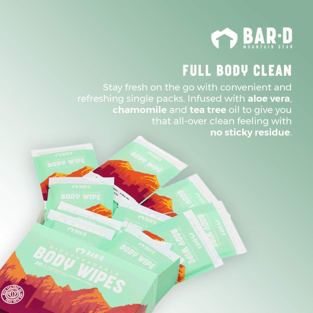 Bar-D Biodegradable Body Wipes with Tea Tree Oil & Aloe Vera - Refreshing Shower Wipes Great for Camping, Hiking, Post Workout and Travel (3-Pack, 10 Wipes/Pack)