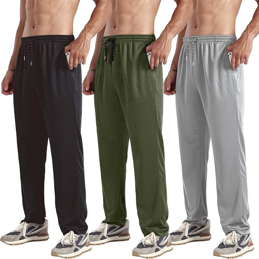ZH 3 Pack Men's Sweatpants Open Bottom Joggers Lightweight Quick Dry Athletic Pants with Pockets for Workout & Lounge