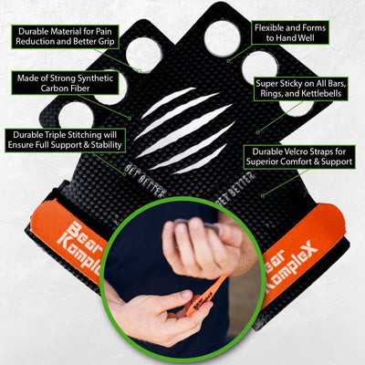 Bear KompleX 2-3 Hole Carbon Hand Grips for Weight Lifting, Cross Training and Gymnastics, Durable Workout Grips with Wrist Wraps, Comfortable Lifting Straps & Workout for Gymnastic Bars
