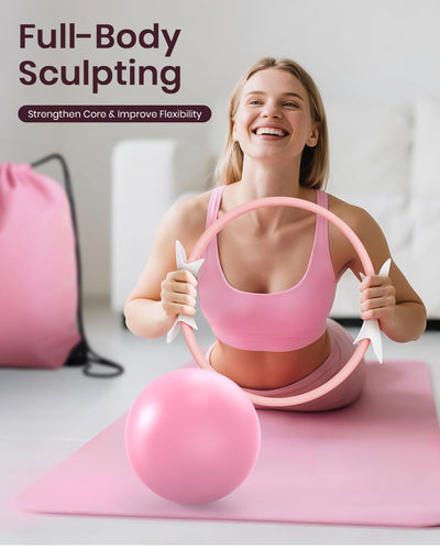 Pilates Ring Set for Women, Home Workout Pilates Equipment with Resistance Bands, 14'' Magic Circle, Mini Ball, Pilates Starter Kit for Strength, Toning and Flexibility, Workout Guide Included