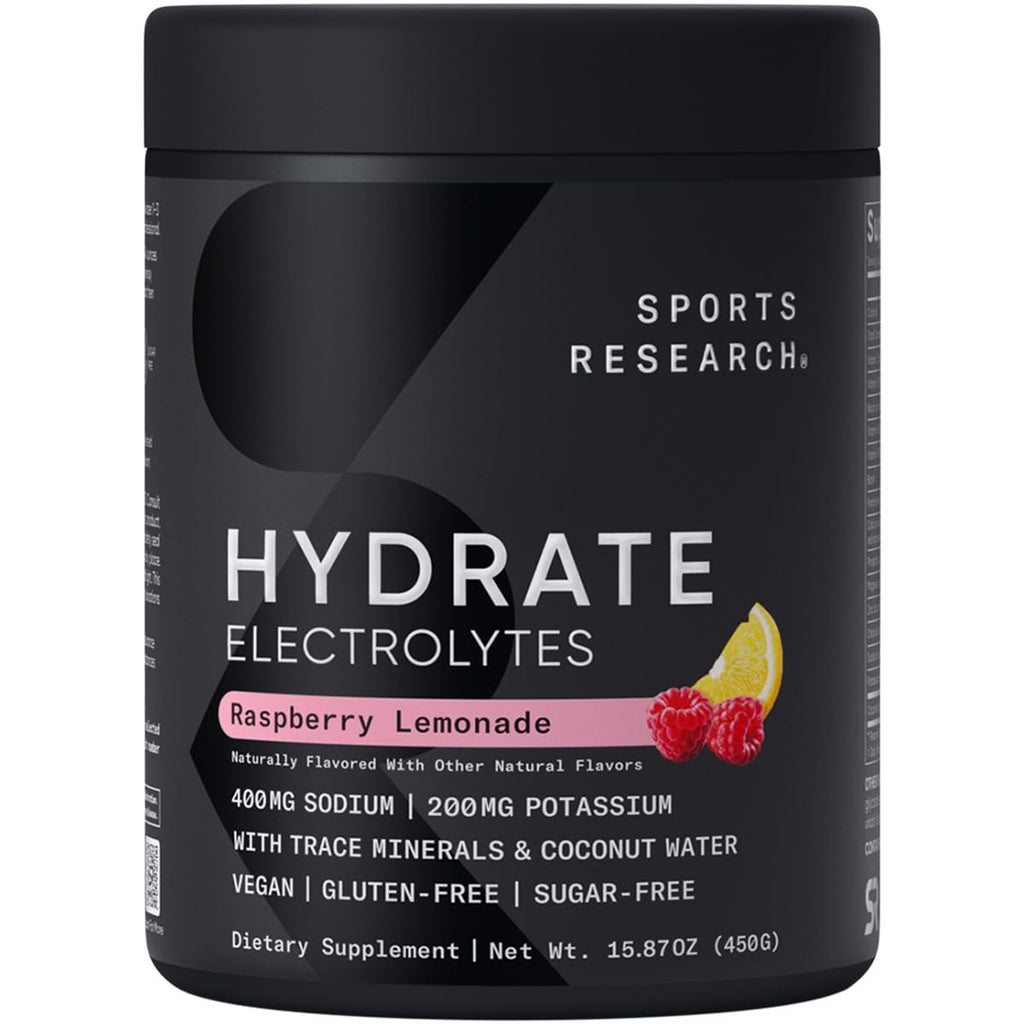 Sports Research® Hydrate Electrolytes Powder - Sugar-Free & Naturally Flavored with Vitamins, Minerals, and Coconut Water - Supports Hydration - Raspberry Lemonade - 90 Servings