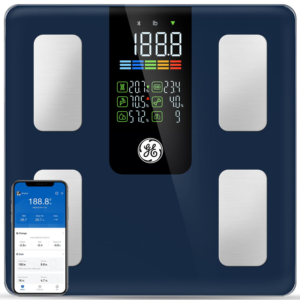 GE Smart Scale for Body Weight, BMI, Body Fat, Muscle Mass, Digital Bathroom Scales 500lbs for Bluetooth Weight Monitor 11.8" Large Platform Weighing Machine Health Analyzer with App