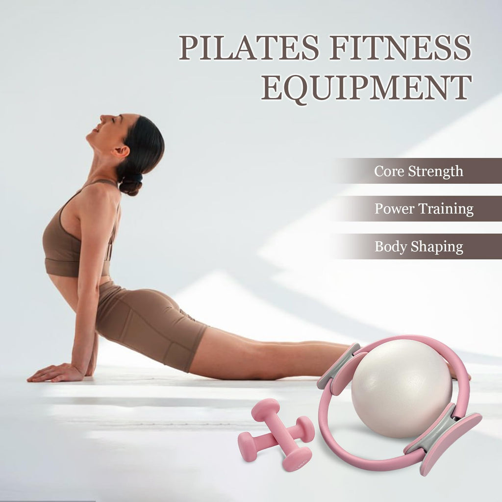 Pilates Equipment Kit for Home Workout, Pilates Ring and Ball Set with 2.2lb *2 Dumbbells, Fabric Resistance Bands, Tape Measure, Bag, Pilates Essentials Accessories for Women Yoga