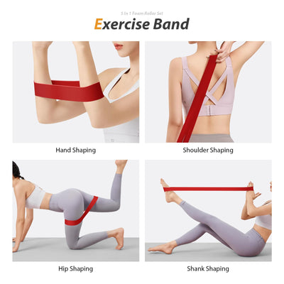 5 in1 Foam Roller Set, Trigger Point Foam Roller, Massage Roller Stick, Massage Ball, Resistance Band for Deep Muscle Massage Pilates Yoga,Fitness Exercise for Whole Body (Black-Red)