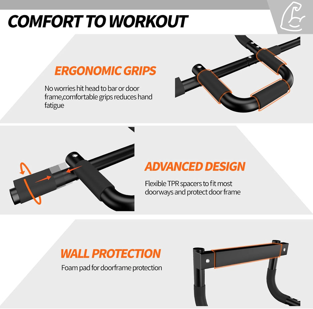 NOWAKE Pull up bar For Doorway,300lbs Heavy Duty Adjustable Width Portable Functional Ergonomic Design Door Frame Chin Up Bar With USA Patent For Home Fitness Workouts