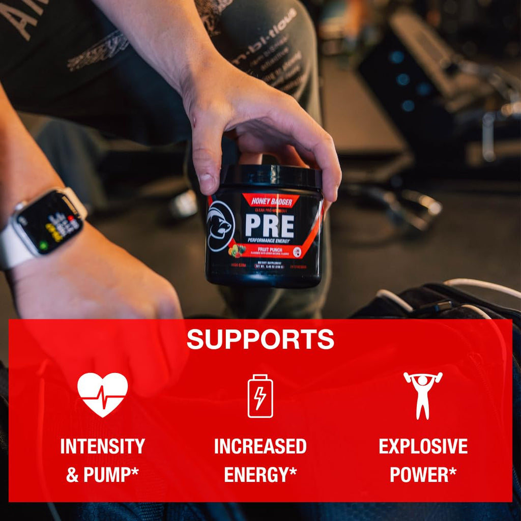 Honey Badger Pre Workout Powder, Keto Vegan Preworkout for Men & Women, Beta Alanine & Caffeine, Sugar Free Natural Energy Supplement, Wild Berry, 30 Servings