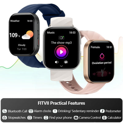 FITVII Health & Fitness Tracker (Answer/Make Calls), Smart Watch with 24/7 Heart Rate and Blood Pressure, Sleep Tracking, Blood Oxygen Monitor, 120+ Sport Modes Activity Tracker for Women Men