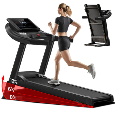12% Incline Treadmill with Handle, 3-in-1 Portable Treadmills for Home and Office, Foldable Treadmills with 300 Lbs Weight Capacity, 3.0HP Quiet Walking Pad Treadmill, Three Touch Screen