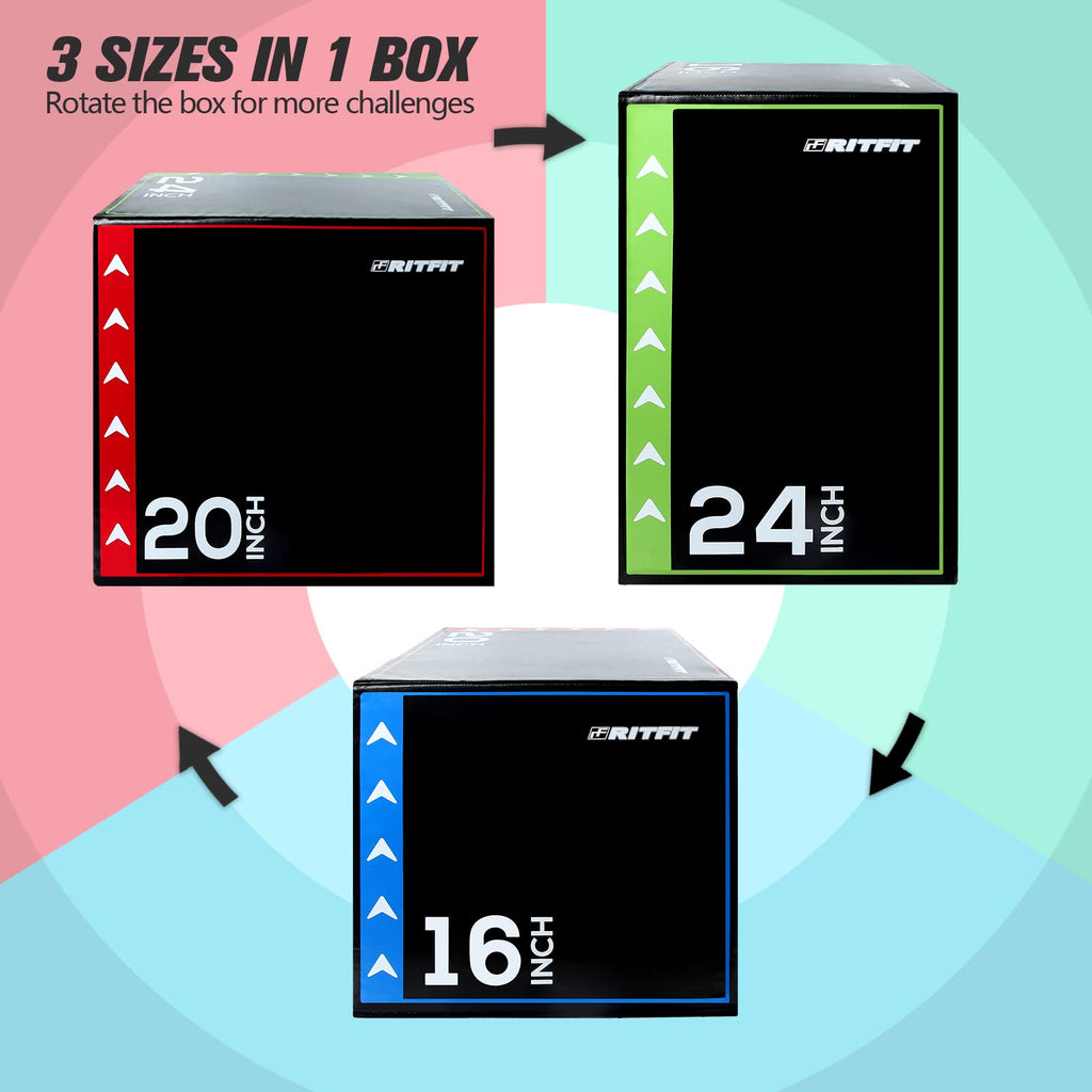 RitFit 3 in 1 Extra Firm Soft Plyo Box Foam Plyometric Box-30”x24”x20”-20"x18"x16" Heavy Duty High Density Foam Jumping Box 3 Sizes with PVC Cover,Platform for Home Gym Fitness, 440lb Weight Capacity