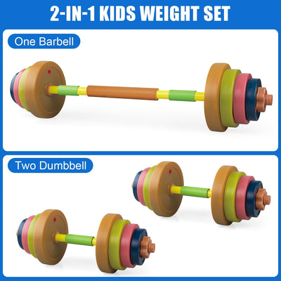 Kids Exercise Weight Set, 2-In-1 Barbell and Dumbbell Workout Equipment, Toddler Beginner Gym Toy for Pretend Play Lifting Exercise & Fitness, Adjustable Fill with Sand or Water