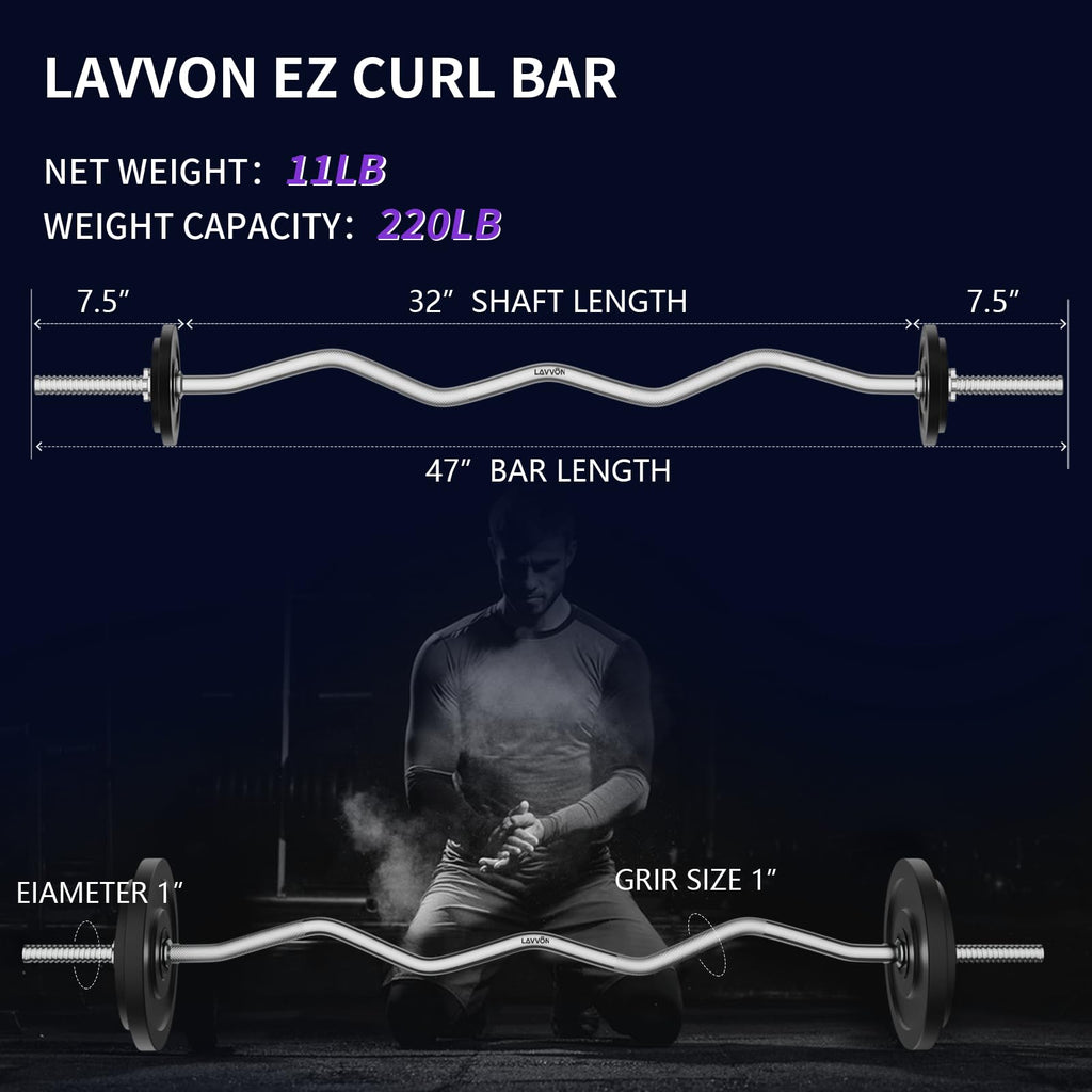 47" EZ Curl Bar Weight Lifting Bar, 1-inch Curling Bars for Weight lifting, Barbell bar for Hip Thrusts/Squats/Lunges for Gym and Home, With 2 Star Double Risk Star-nuts (220lb Weight Capacity)