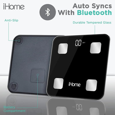 iHome Digital Bluetooth Smart Scale for Body Weight, Weight Scale, Including BMI, Body Fat, Muscle Mass, Batteries Included (Black Smart Bluetooth)
