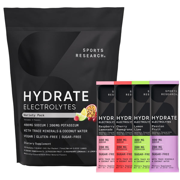 Sports Research® Hydrate Electrolytes Powder - Sugar-Free & Naturally Flavored with Vitamins, Minerals, and Coconut Water - Supports Hydration - Raspberry Lemonade - 90 Servings