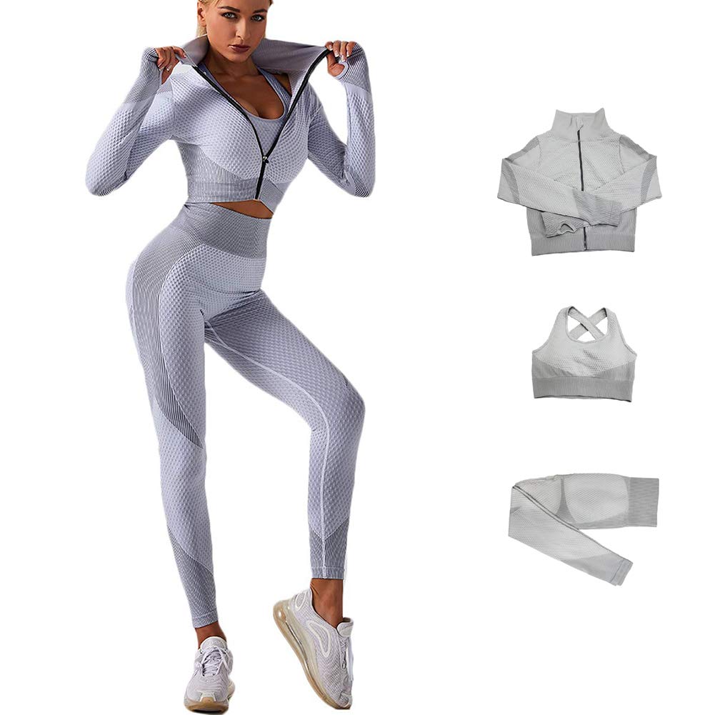 3pcs Seamless Outfit Workout Sets Gym for Women, Fitness Sports School Running Clothes Yoga Sportswear