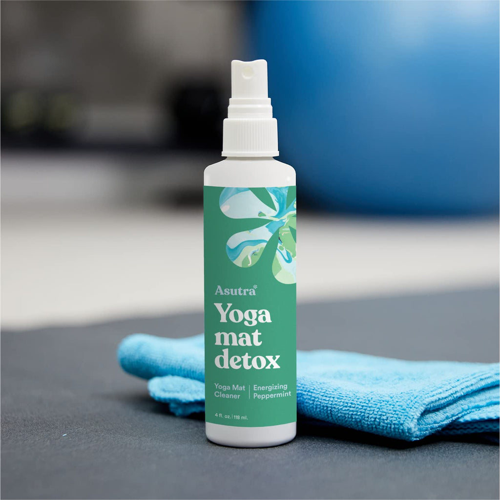 ASUTRA Yoga Mat Cleaner Spray (Energizing Peppermint), 4 fl oz - No Slippery Residue, Organic Essential Oils, Deep-Cleansing for Fitness Gear & Gym Equipment, Microfiber Towel Included