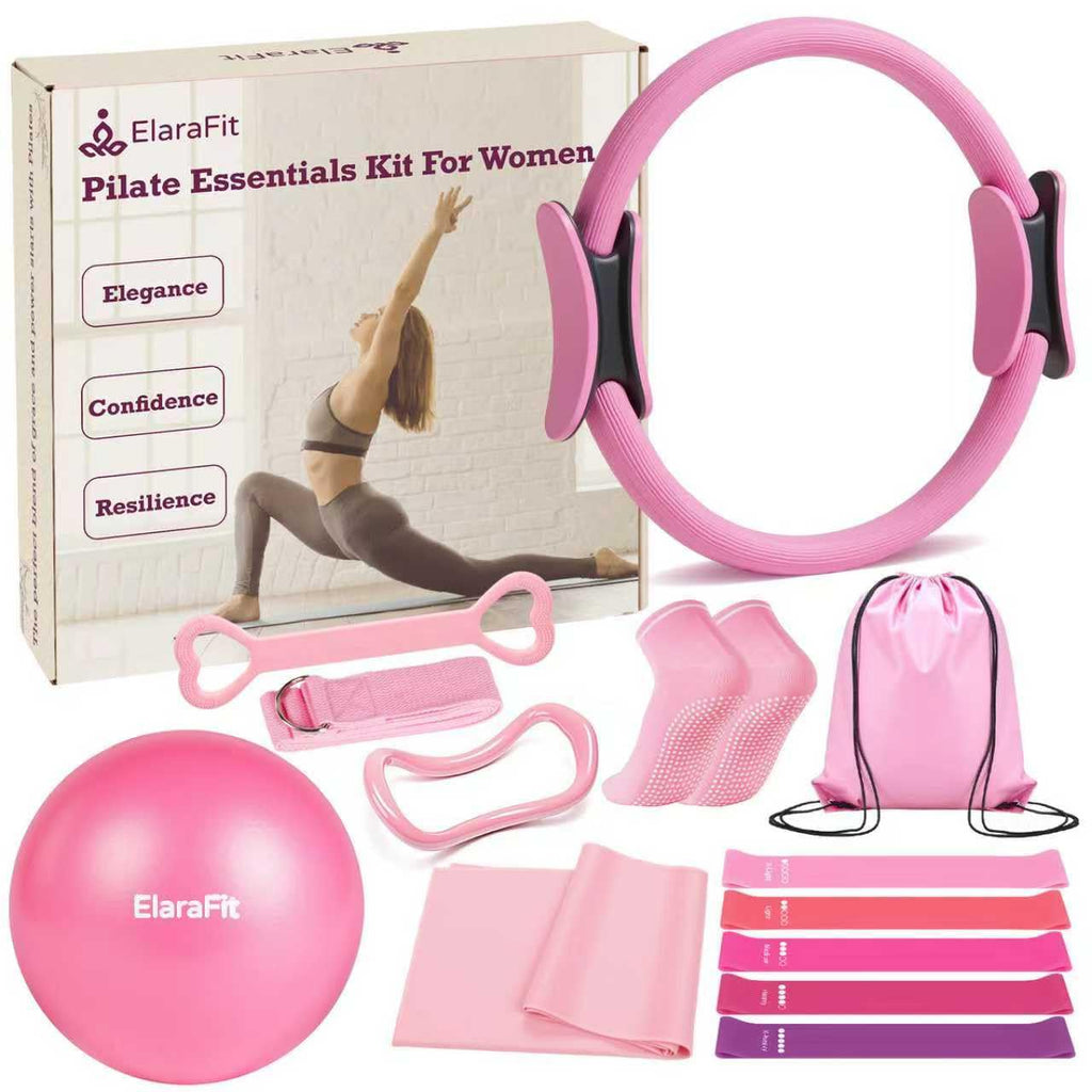 Home Pilates Kit for Women Pilates Equipment Ring and Ball Set Magic Circle Hoop with 5 Resistance Bands Compact Toning Fitness Essentials Starter Set Accessories
