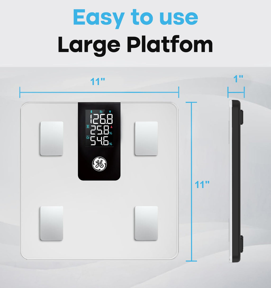 GE Smart Scale for Body Weight BMI Fat Muscle Mass with 14 Body Composition Metrics & All-in-one LCD Display, Digital Bathroom Weight Scales Bluetooth with App, Accurate Weighing Machine 400 lbs