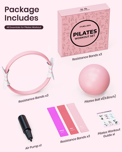 Pilates Ring Set for Women, Home Workout Pilates Equipment with Resistance Bands, 14'' Magic Circle, Mini Ball, Pilates Starter Kit for Strength, Toning and Flexibility, Workout Guide Included
