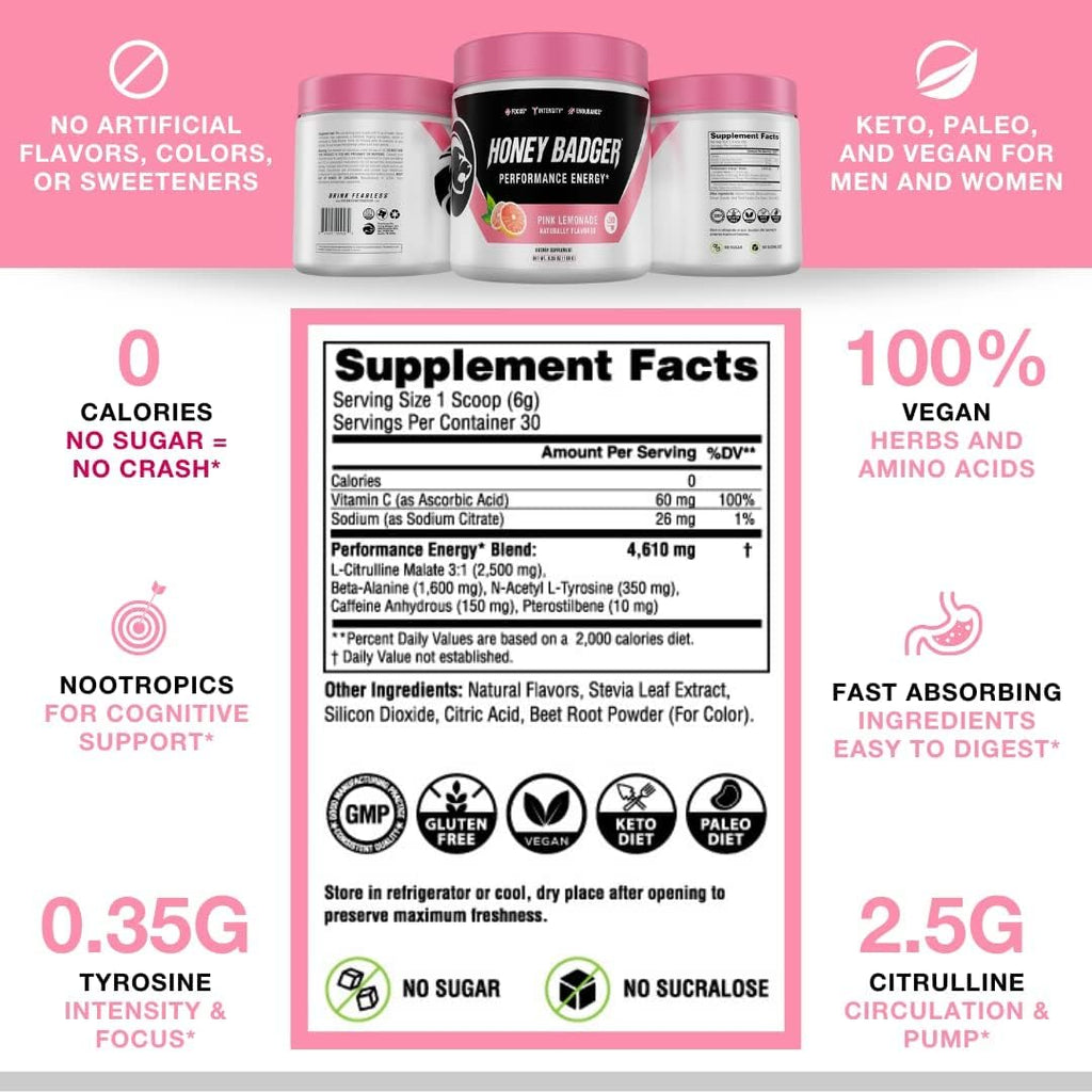 Honey Badger Pre Workout Powder & BCAA Amino Acids Powder Bundle | Beta Alanine, Caffeine & Vitamin C + Electrolytes | Vegan Keto Sugar Free & Paleo for Men & Women | 30 Servings (Pink Lemonade)