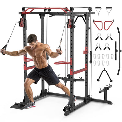Fitness Reality Power Cage Squat Rack with Optional LAT Pulldown, Cable Crossover, 800 lb Capacity, Multi-Grip Pull-Up Bar, Adjustable Safety Bars, Strength Training for Home Gym