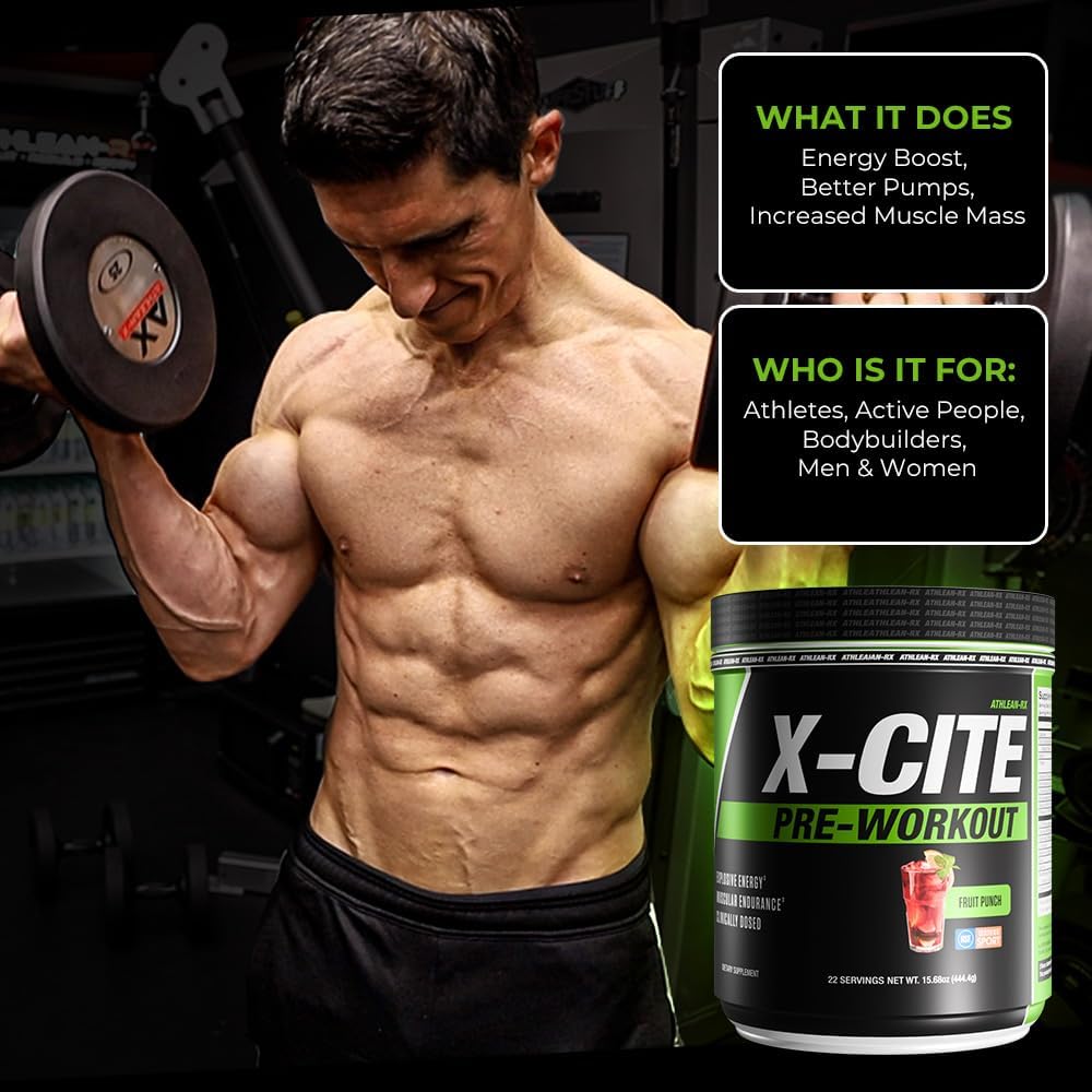 X-CITE Pre-Workout by ATHLEAN-X - Enhanced Formula with Beta-Alanine, Creatine & Caffeine for Ultimate Energy, Endurance, Focus & Muscle Pump, NSF Certified for Sports (22 Servings, Fruit Punch)