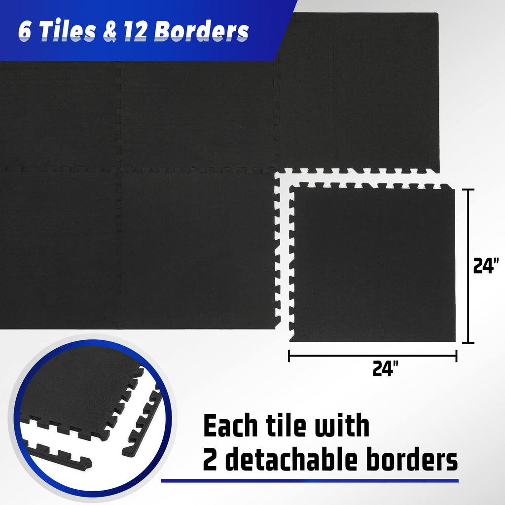 SUPERJARE 0.56'' Thick 12 Pcs 48 Sq Ft Rubber Top Exercise Equipment Mats, High Density EVA Foam Mats with Rubber Top, Interlocking Gym Flooring for Home Gym, Protective Workout Mat, Black/Grey