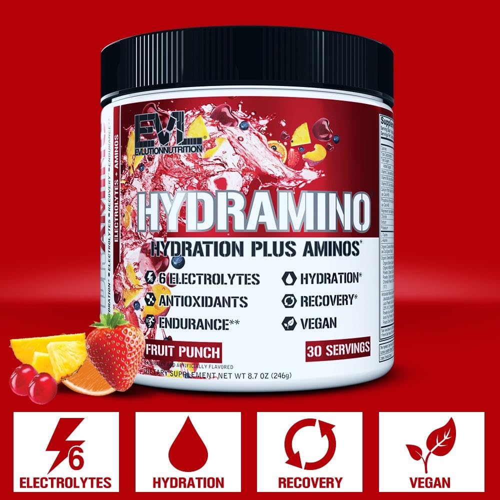 Evlution Nutrition HYDRAMINO Complete Hydration Multiplier, All 6 Electrolytes, Vitamin C & B, Fluid Boosting Aminos, Coconut Water, Endurance, Recovery, Antioxidants, 30 Serve, Orange Mango
