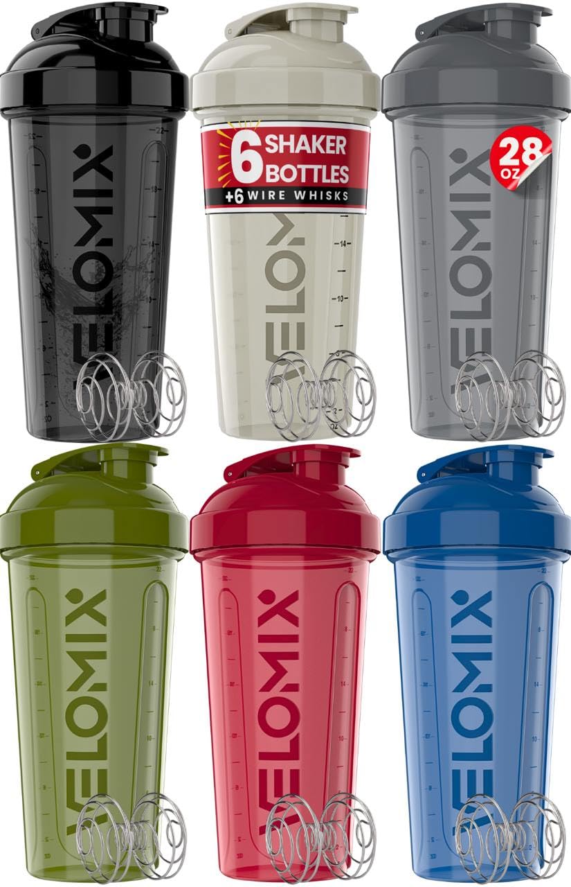 VELOMIX -6 PACK- 28 oz Protein Shaker Bottle for Protein Mixes - 6x Wire Whisk | Leak Proof Shaker Cups for Protein Shakes | Protein Shaker Bottle Pack | Protein Shake Cup (Earth Tones Collection)