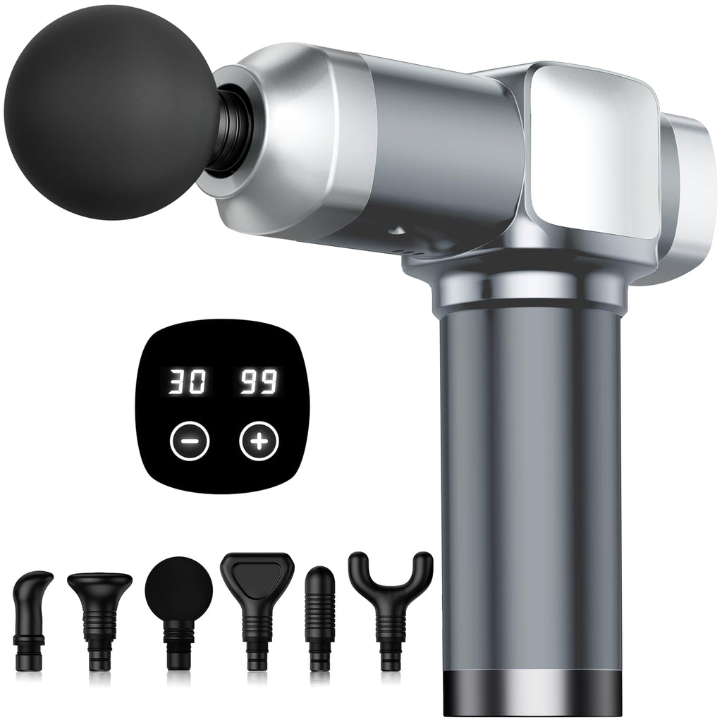 Deep Tissue Massage Gun, Portable Percussion Electric Muscle Massager for Pain Relief, Handheld Massagers with 30 Speeds & 6 Attachments for Back and Neck, Gifts for Men Women