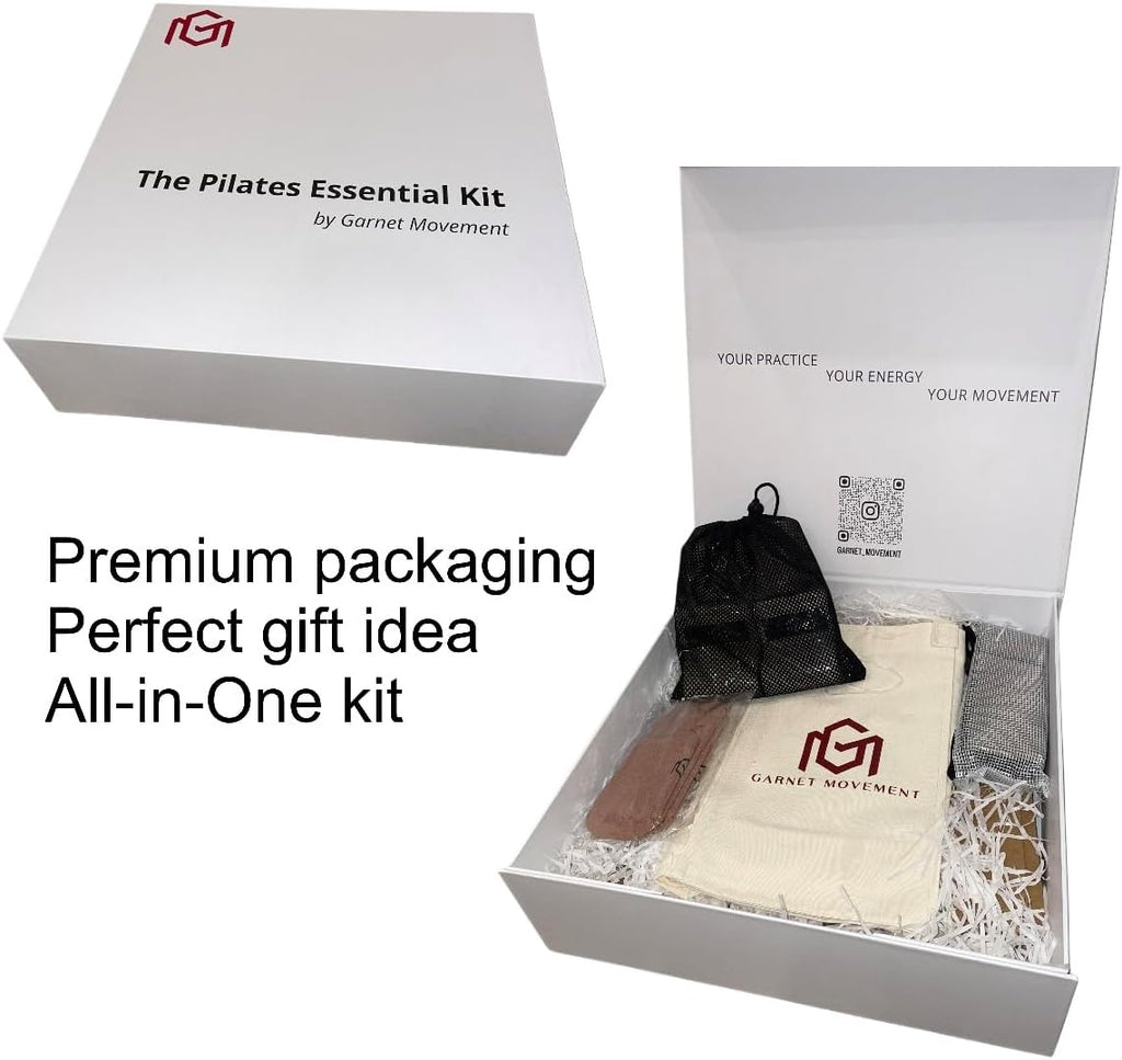 Home Pilates Essentials Kit 9 pcs. Pilates Ring Fitness Trainer, Ankle/Wrist Weights, Resistance Bands, Tote Bag, Grip Socks. Home or Gym/Studio Use. *MAT NOT Included*