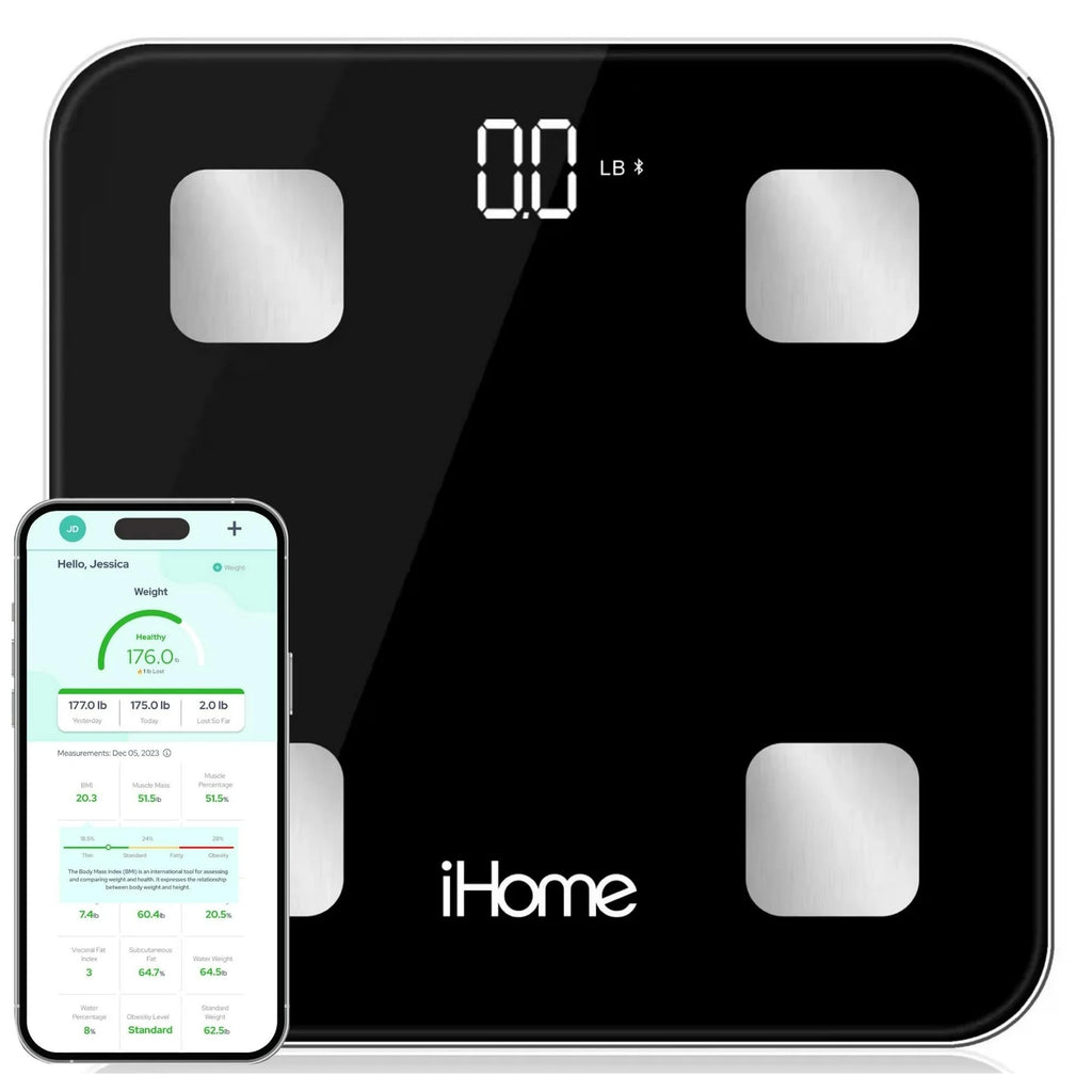 iHome Digital Bluetooth Smart Scale for Body Weight, Weight Scale, Including BMI, Body Fat, Muscle Mass, Batteries Included (Black Smart Bluetooth)