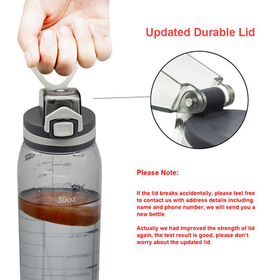 30oz Sport Water Bottle with Time Markers, Large Durable Gym Plastic Bottle Tritan BPA Free for Fitness, Outdoor Enthusiasts, Leakproof Gray (Pack of 1)