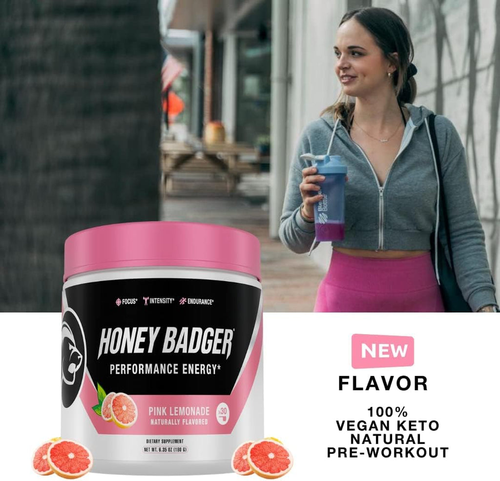Honey Badger Pre Workout Powder & BCAA Amino Acids Powder Bundle | Beta Alanine, Caffeine & Vitamin C + Electrolytes | Vegan Keto Sugar Free & Paleo for Men & Women | 30 Servings (Pink Lemonade)