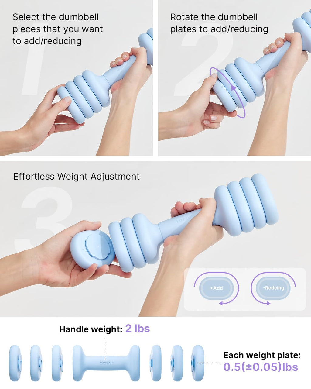 YOTTOY Adjustable Dumbbell Set of 2, 4-in-1 Hand Weights for Women at Home, Compact Free Weights Dumbbells Set with Soft Grip and Base, 2-5 lbs Each for Home Gym