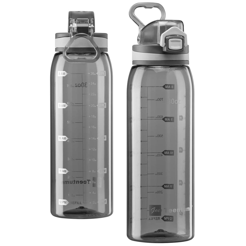 30oz Sport Water Bottle with Time Markers, Large Durable Gym Plastic Bottle Tritan BPA Free for Fitness, Outdoor Enthusiasts, Leakproof Gray (Pack of 1)