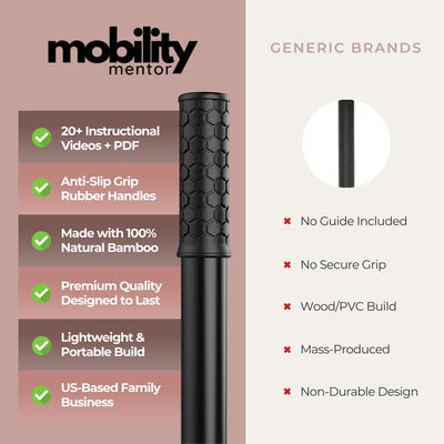 5ft Yoga Stick Made from Natural Bamboo - Stretching Stick for Mobility, Balance, Pilates & Physical Therapy - Exercise Stick with Non-Slip Ends - Includes 20+ Video Tutorials