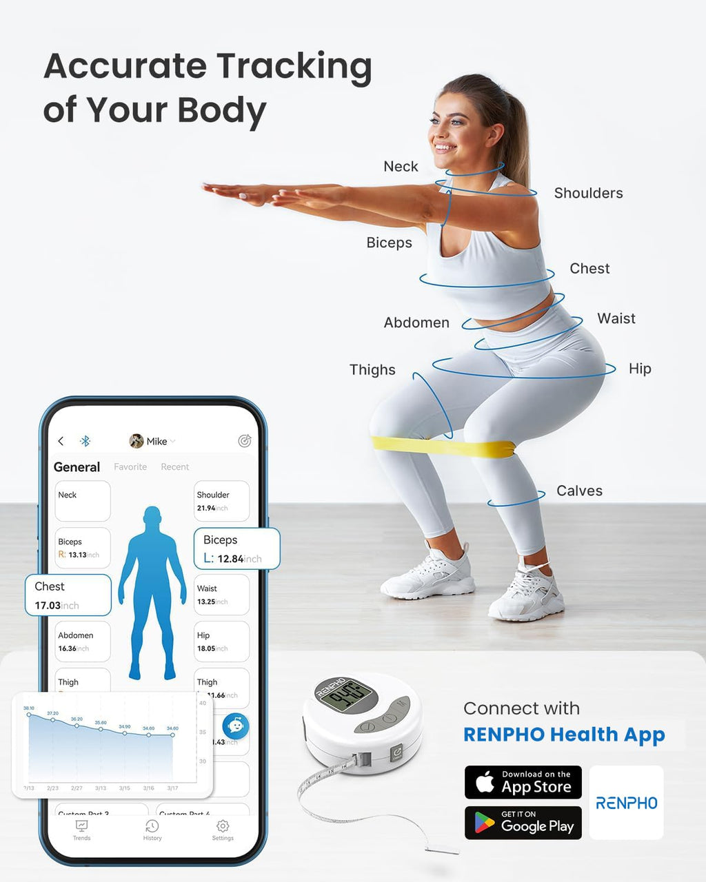 RENPHO Smart Scale for Body Weight, Weight Scale with 7-in-1 Large Display for BMI, Body Fat, Muscle Mass, 13 Body Composition, High Accurate Bluetooth Scale, 500lbs, 11.8", Elis 2XL