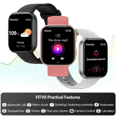 FITVII Health & Fitness Tracker (Answer/Make Calls), Smart Watch with 24/7 Heart Rate and Blood Pressure, Sleep Tracking, Blood Oxygen Monitor, 120+ Sport Modes Activity Tracker for Women Men