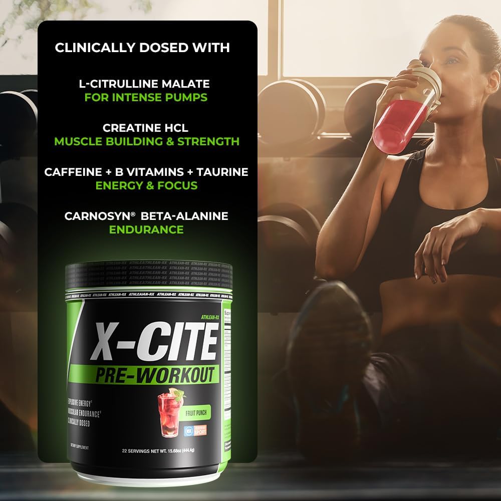 X-CITE Pre-Workout by ATHLEAN-X - Enhanced Formula with Beta-Alanine, Creatine & Caffeine for Ultimate Energy, Endurance, Focus & Muscle Pump, NSF Certified for Sports (22 Servings, Fruit Punch)