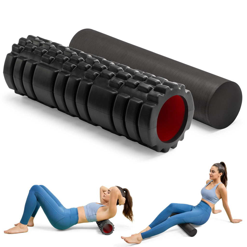 Foam Roller High Density Foam Roller Set for Deep Tissue Muscle Massage, 18" Trigger Point Fitness Exercise Massage Roller, Self-Myofascial Release for Whole Body (Black-18(2 in 1))