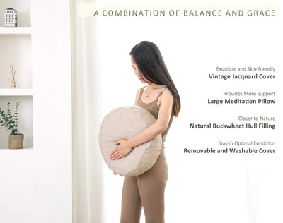 Meditation Cushion, Comfortable Meditation Pillow with Peacock Feather Jacquard Cover. Buckwheat Hull Filled Zafu Floor Pillow 16 * 16 * 5 in