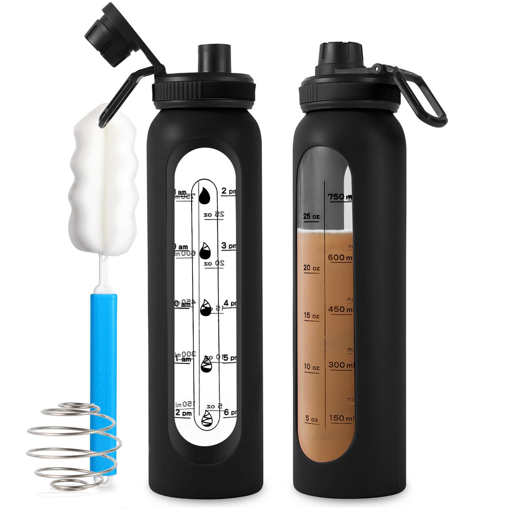 Glass Shaker Bottle 34oz/1L Black Glass Protein Shaker Bottle With Shaker Ball Large Shaker Bottles for Protein Mixes Portable Powder Mixer Blender Water Bottle for Gym Workout Sports